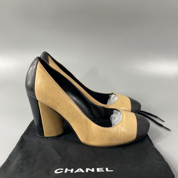 Authentic Chanel Tan and Black Cap-Toe Pumps,  Size 36 - Picture 2 of 12